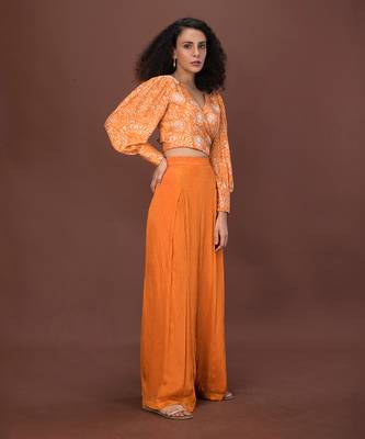 Orange Printed Wrap Top & Pants Set 1