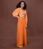 Orange Printed Wrap Top & Pants Set