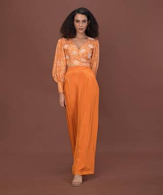 Orange Printed Wrap Top & Pants Set 3