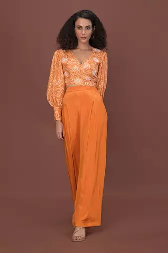 Orange Printed Wrap Top & Pants Set