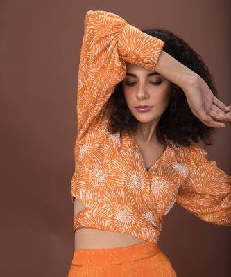 Orange Printed Wrap Top & Pants Set 4