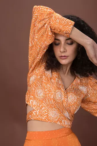 Orange Printed Wrap Top & Pants Set
