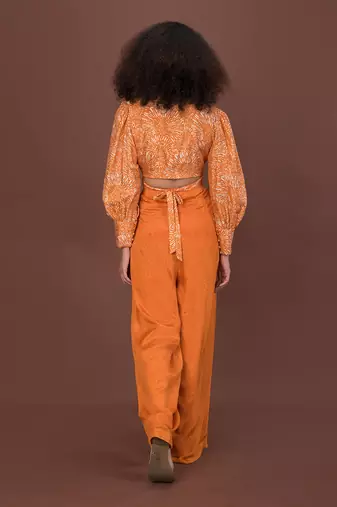 Orange Printed Wrap Top & Pants Set