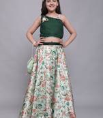 Green woven silk blend girls-top-bottom