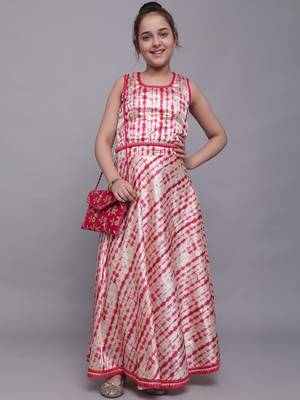 Pink woven silk blend girls-top-bottom 1