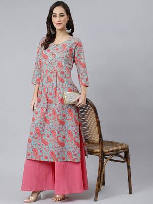 Sky-blue printed cotton ethnic-kurtis 1