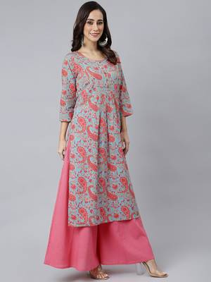 Sky-blue printed cotton ethnic-kurtis 2