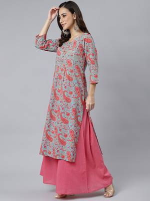Sky-blue printed cotton ethnic-kurtis 3