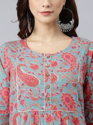 Sky-blue printed cotton ethnic-kurtis 4