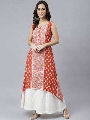 Orange printed rayon ethnic-kurtis 1