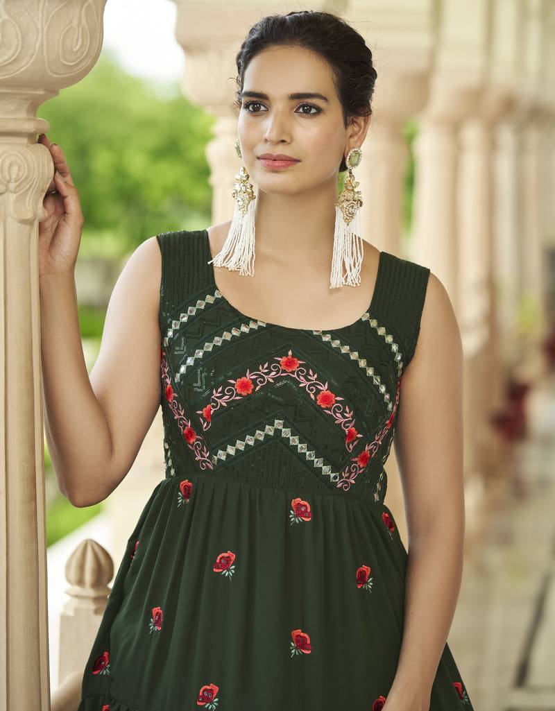 Gorgeous Olive Green Thread And Sequince Embroidered Work Georgette Anarkali Long Gown Semi Stitched