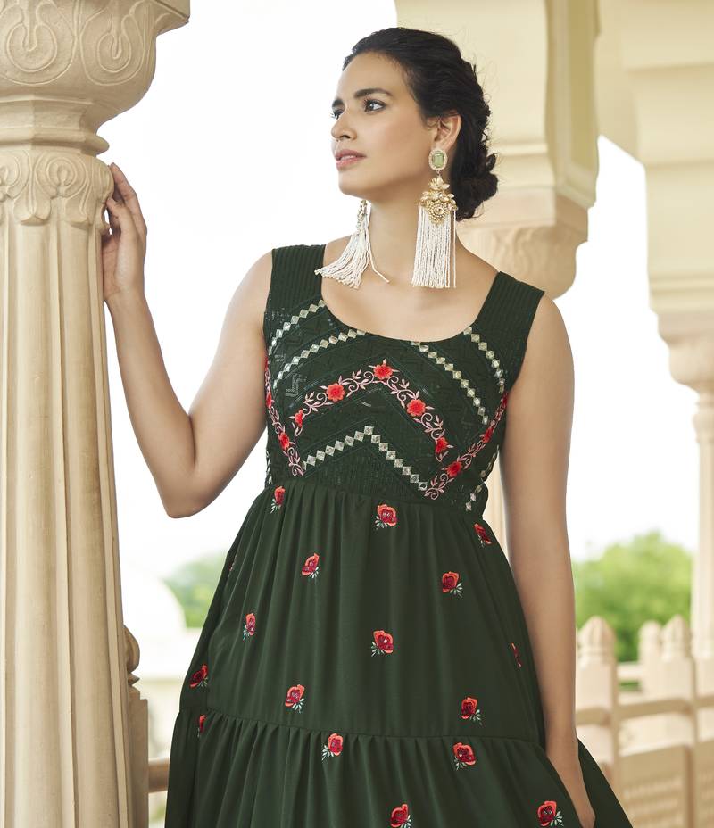 Gorgeous Olive Green Thread And Sequince Embroidered Work Georgette Anarkali Long Gown Semi Stitched