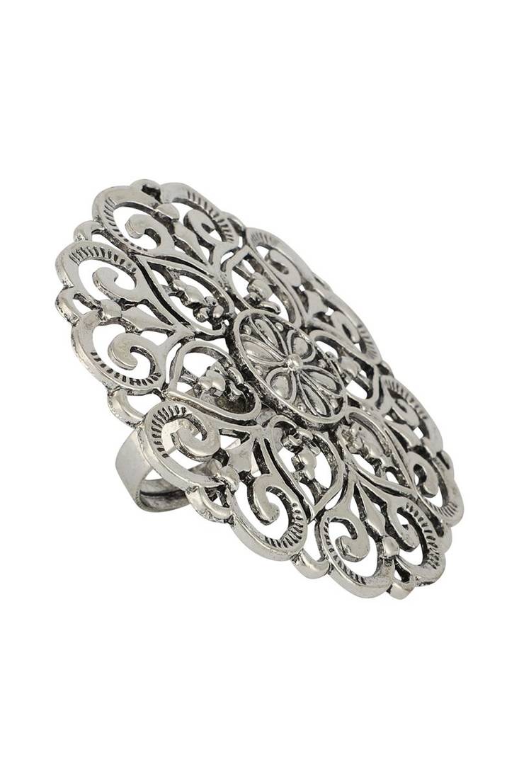 Foxy Stylish German Silver Oxidised Round Shape Designer Adjustable Ring