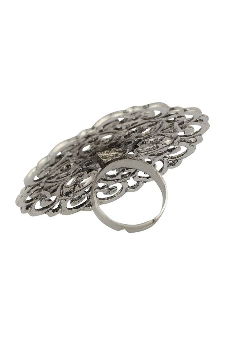 Foxy Stylish German Silver Oxidised Round Shape Designer Adjustable Ring