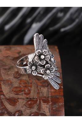 Stylish Graceful German Silver Oxidised Side Floral Shape Designer Adjustable Ring 1