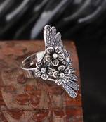 Stylish Graceful German Silver Oxidised Side Floral Shape Designer Adjustable Ring