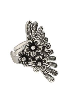 Stylish Graceful German Silver Oxidised Side Floral Shape Designer Adjustable Ring 2
