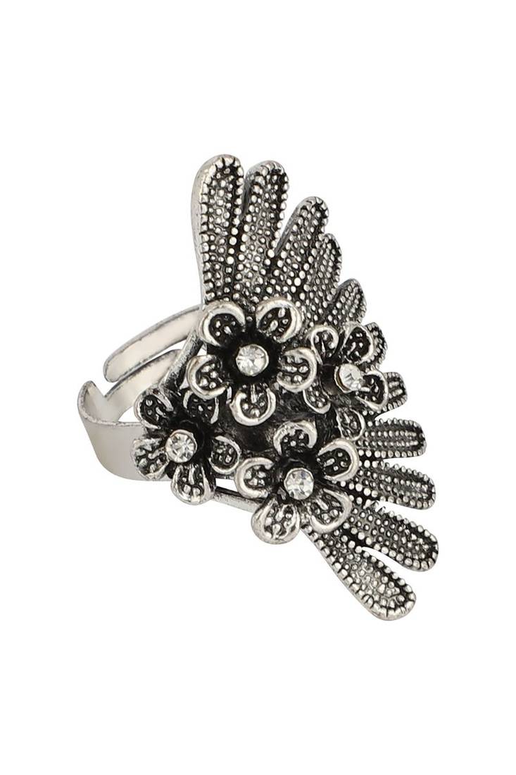 Stylish Graceful German Silver Oxidised Side Floral Shape Designer Adjustable Ring