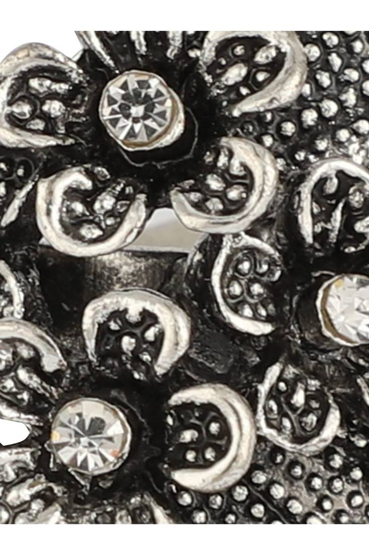 Stylish Graceful German Silver Oxidised Side Floral Shape Designer Adjustable Ring
