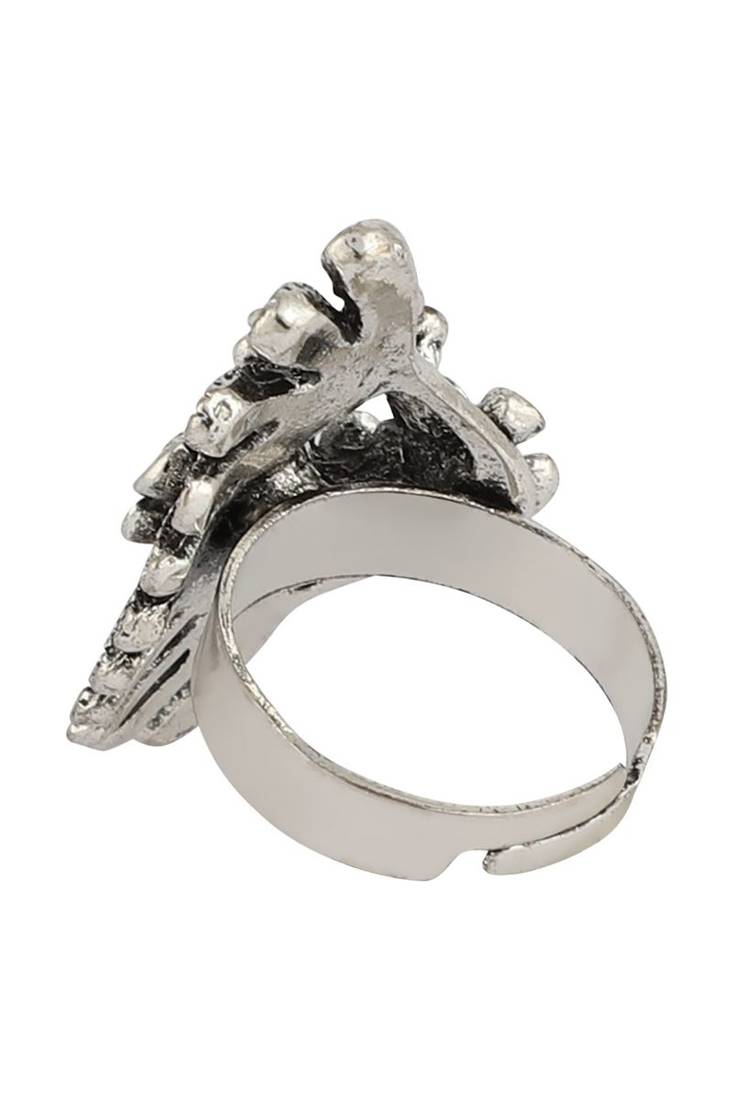 Stylish Graceful German Silver Oxidised Side Floral Shape Designer Adjustable Ring
