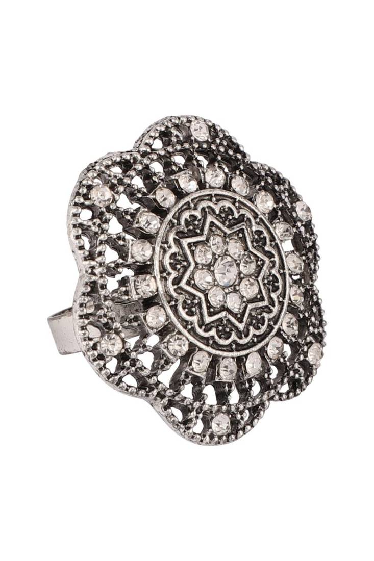 Alluring Designer Silver Plated Stone Studded Adjustable Finger Ring