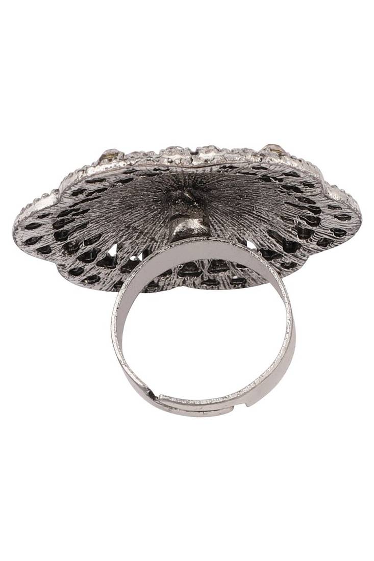 Alluring Designer Silver Plated Stone Studded Adjustable Finger Ring