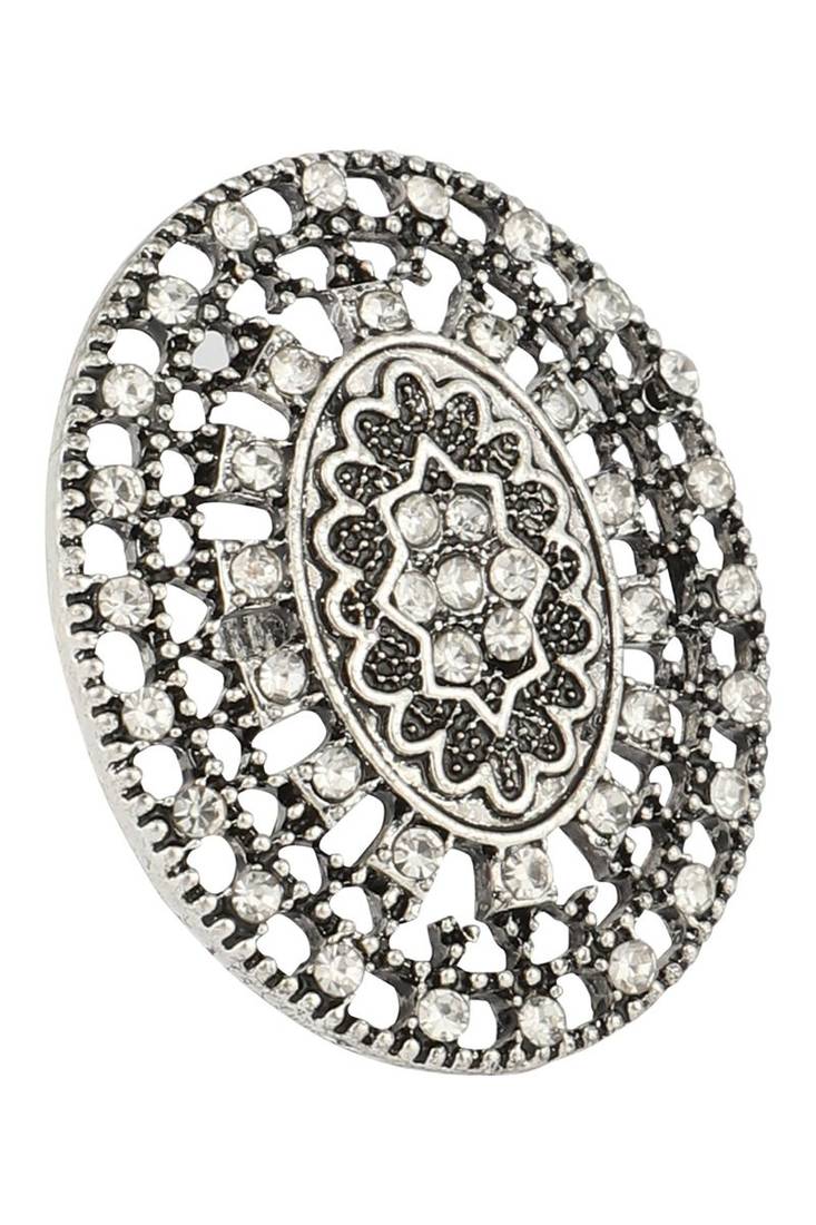 Classy Silver Plated Stone Studded Alloy Floral Ring