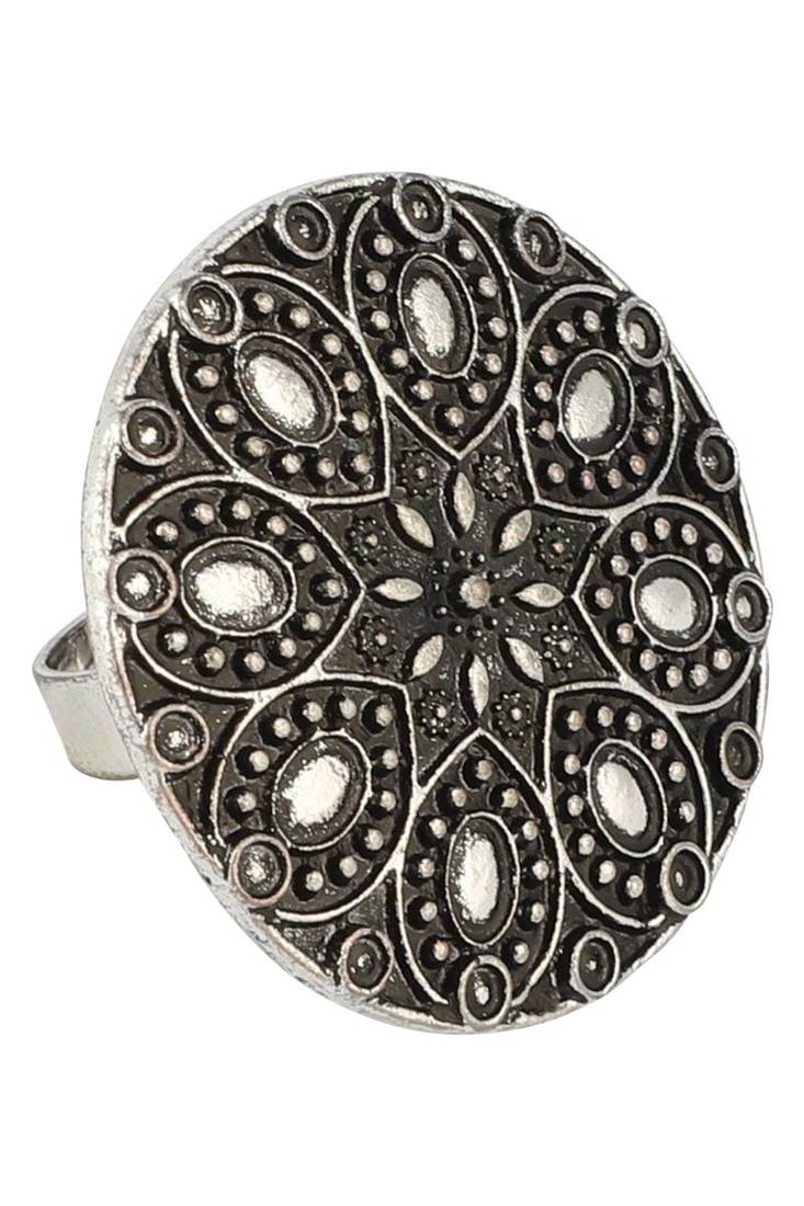 Breathtaking Tribal Look Oxidised Silver Plated Adjustable Floral Ring