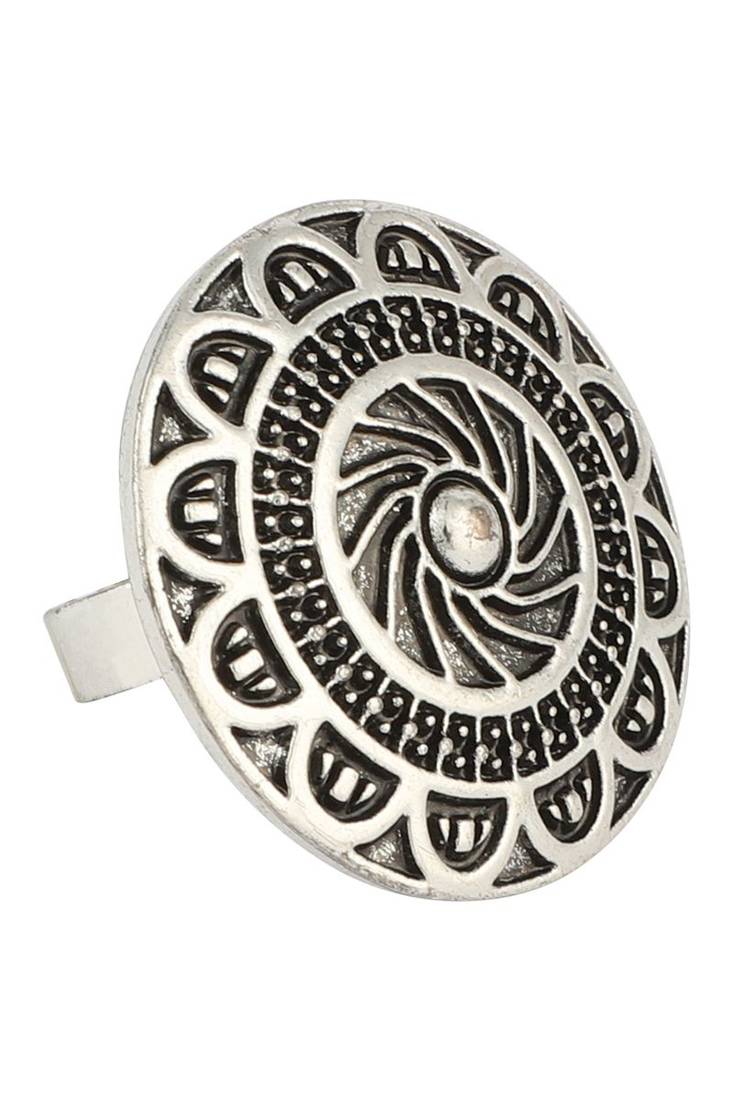 Fablous Tribal Look Oxidised Silver Plated Adjustable Floral Ring