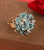 Rosy Gold Plated Designer Flower Detailed Stone Studded Adjustable Ring