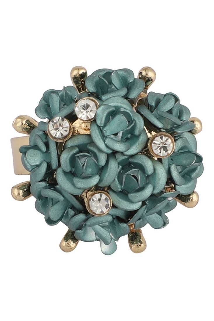 Rosy Gold Plated Designer Flower Detailed Stone Studded Adjustable Ring