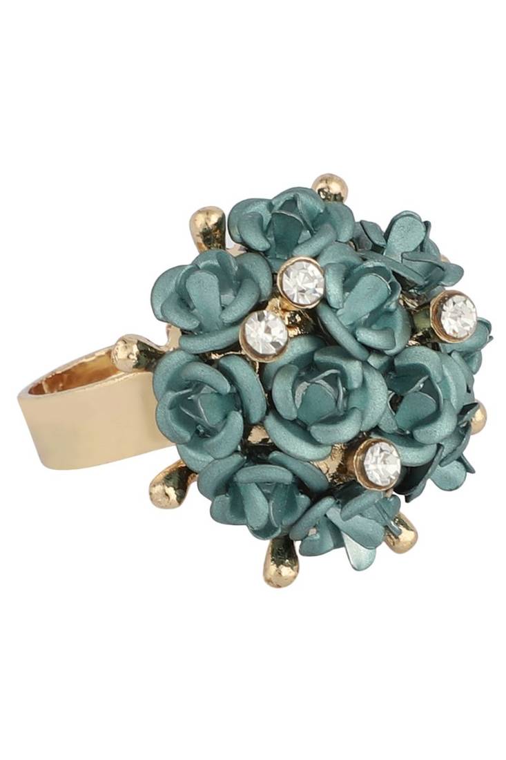 Rosy Gold Plated Designer Flower Detailed Stone Studded Adjustable Ring