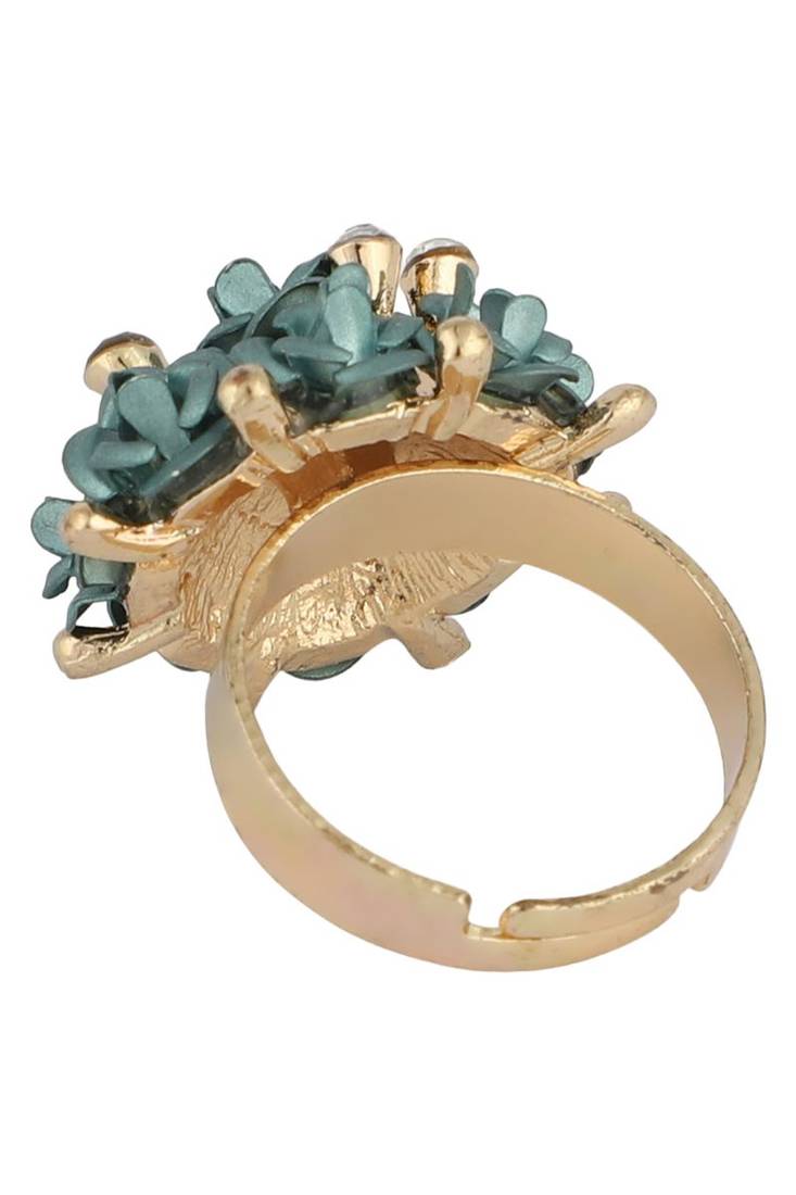 Rosy Gold Plated Designer Flower Detailed Stone Studded Adjustable Ring