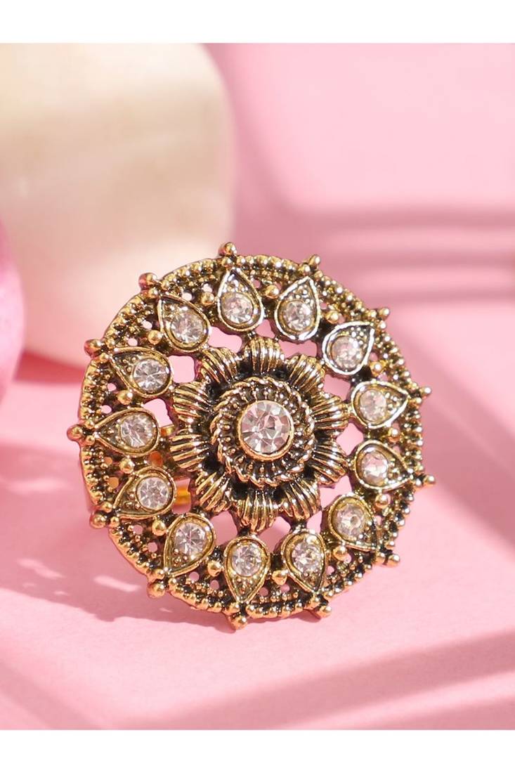 Designer Gold Plated Stone Studded Adjustable Finger Ring