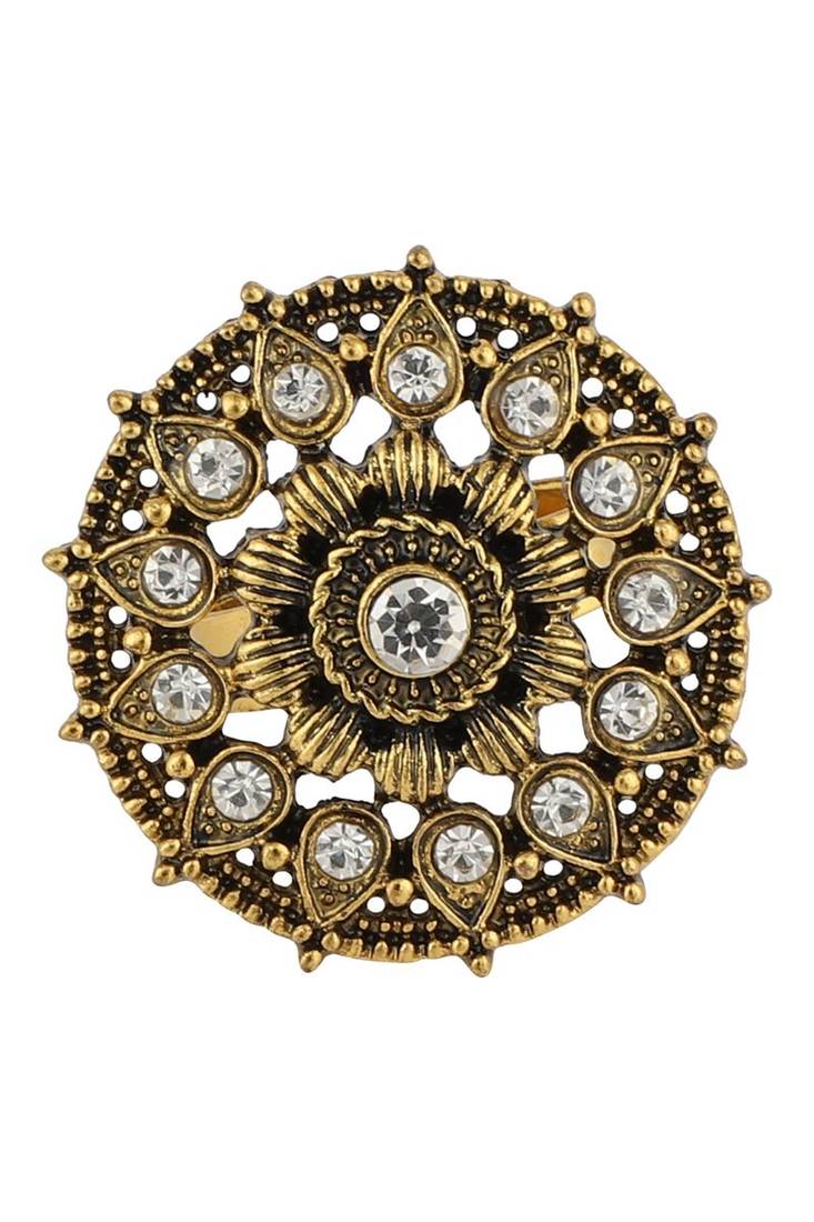 Designer Gold Plated Stone Studded Adjustable Finger Ring