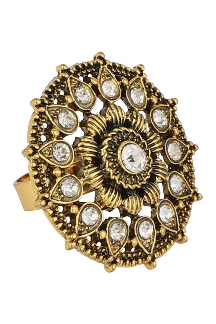 Designer Gold Plated Stone Studded Adjustable Finger Ring