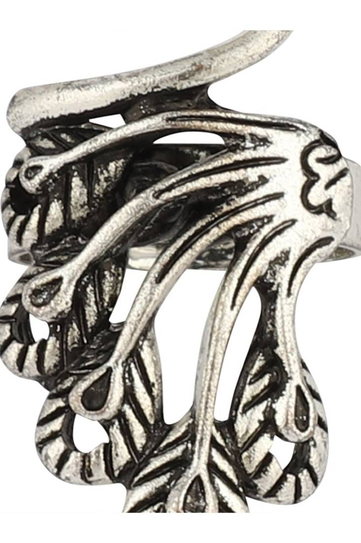 Alluring Designer Silver Plated Peacock Style Oxidised Adjustable Ring