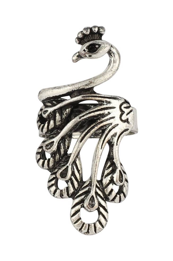 Alluring Designer Silver Plated Peacock Style Oxidised Adjustable Ring
