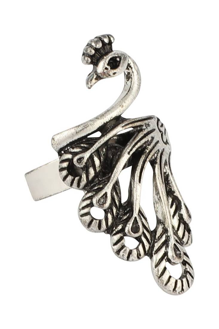 Alluring Designer Silver Plated Peacock Style Oxidised Adjustable Ring