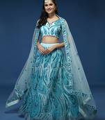 Panchhi Women SeaGreen Embroidered Sequins Semi-Stitched Lehenga & Unstitched Blouse with Dupatta