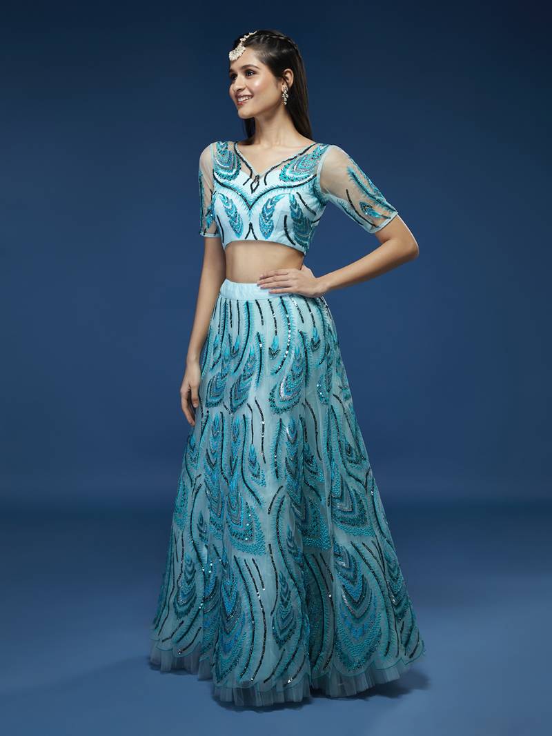 Panchhi Women SeaGreen Embroidered Sequins Semi-Stitched Lehenga & Unstitched Blouse with Dupatta