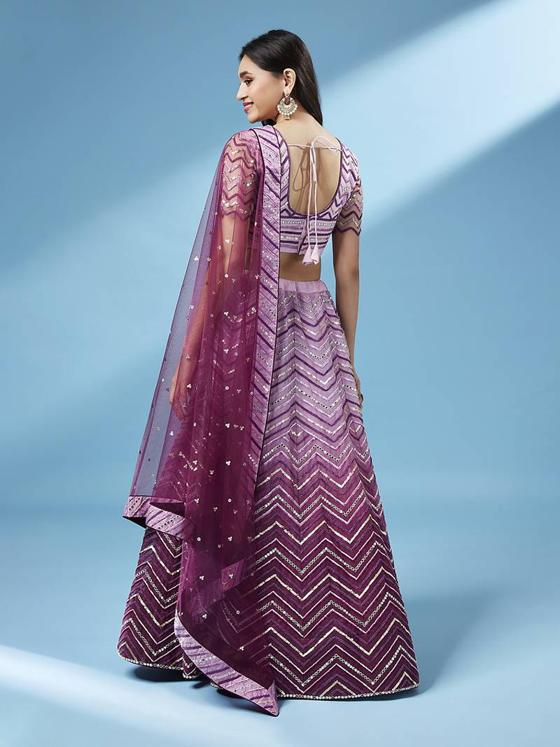 Panchhi Women Lavender Net Zig-Zag Embroideried Semi-Stitched Lehenga, Unstitched Blouse & Dupatta