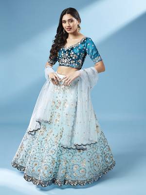 Panchhi Women Sea Green Net Floral Work Semi-Stitched Lehenga & Unstitched Blouse with Dupatta 1