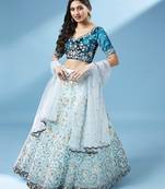 Panchhi Women Sea Green Net Floral Work Semi-Stitched Lehenga & Unstitched Blouse with Dupatta