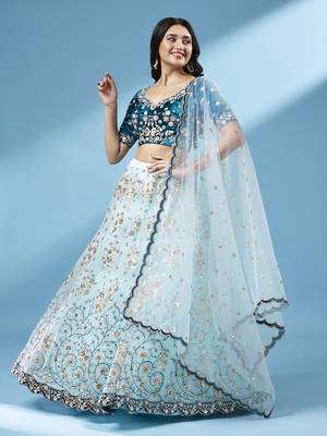 Panchhi Women Sea Green Net Floral Work Semi-Stitched Lehenga & Unstitched Blouse with Dupatta 2