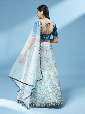 Panchhi Women Sea Green Net Floral Work Semi-Stitched Lehenga & Unstitched Blouse with Dupatta 3