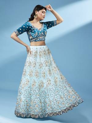 Panchhi Women Sea Green Net Floral Work Semi-Stitched Lehenga & Unstitched Blouse with Dupatta 4