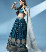 Panchhi Women Teal Pure Georgette Embroidered Semi-Stitched Lehenga & Unstitched Blouse with Dupatta