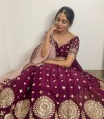 Panchhi Women Burgundy Pure Georgette Embroidered Semi-Stitched Lehenga & Unstitched Blouse, Dupatta