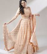 Panchhi Women Peach Pure Georgette Embroidered Semi-Stitched Lehenga & Unstitched Blouse, Dupatta
